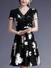 Korean Style Women's Elegant Black Slimming Floral V-Neck Short Sleeve Summer Dress