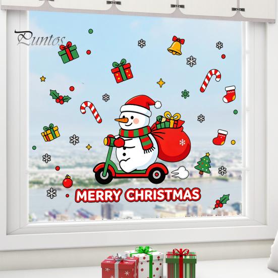 Winter Home Decor Cute Snowman Scooter Christmas Static Window Cling, Cartoon Merry Glass Decorations Decal, Waterproof Sticker for Shop Xmas