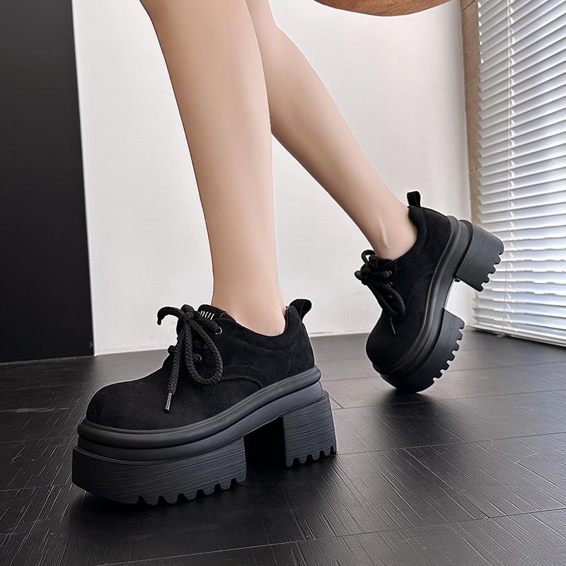 Fashion Women's Thick Sole Loafers Round Head Suede Medium Heel Shoes Women Retro All-match Breathable Anti-slip Shoes Zapatos De Mujer