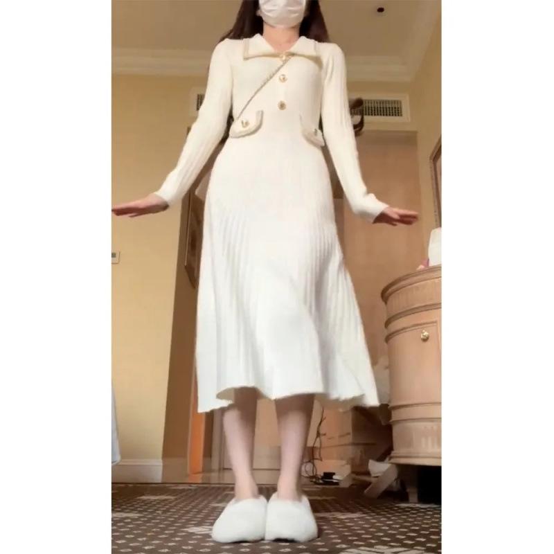 

Весна 2025 г. Белое трикотажное платье во французском стиле для женщин XL грязно-белый