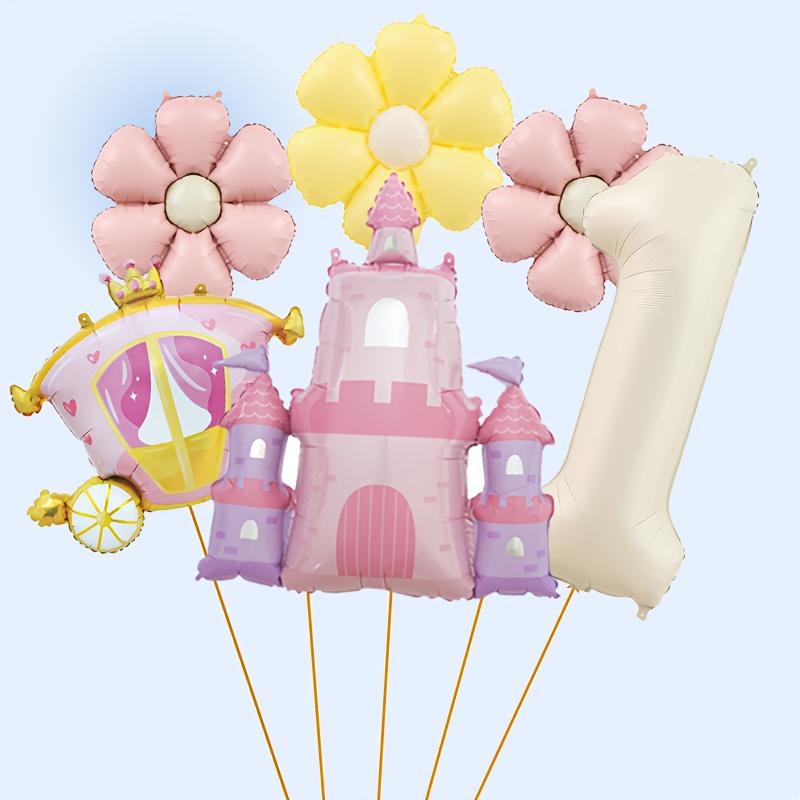6pcs Castle Princess Carriage-Shaped Aluminum Foil Balloon 40 Inch Cream White Number 1-9 Balloon Set Birthday Party Decoration