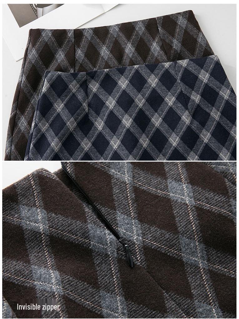 Women's Fashionable Retro Plaid Skirt - Autumn 2025 Style, Petite High Waist, Hip-Hugging Brown Slit Design