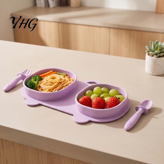 Silicone Suction Placemat Baby Foldable Dinner Plates with Fork And Spoon, Easy Clean Toddler Food Tray Travel Feeding Essentials, Divided Set