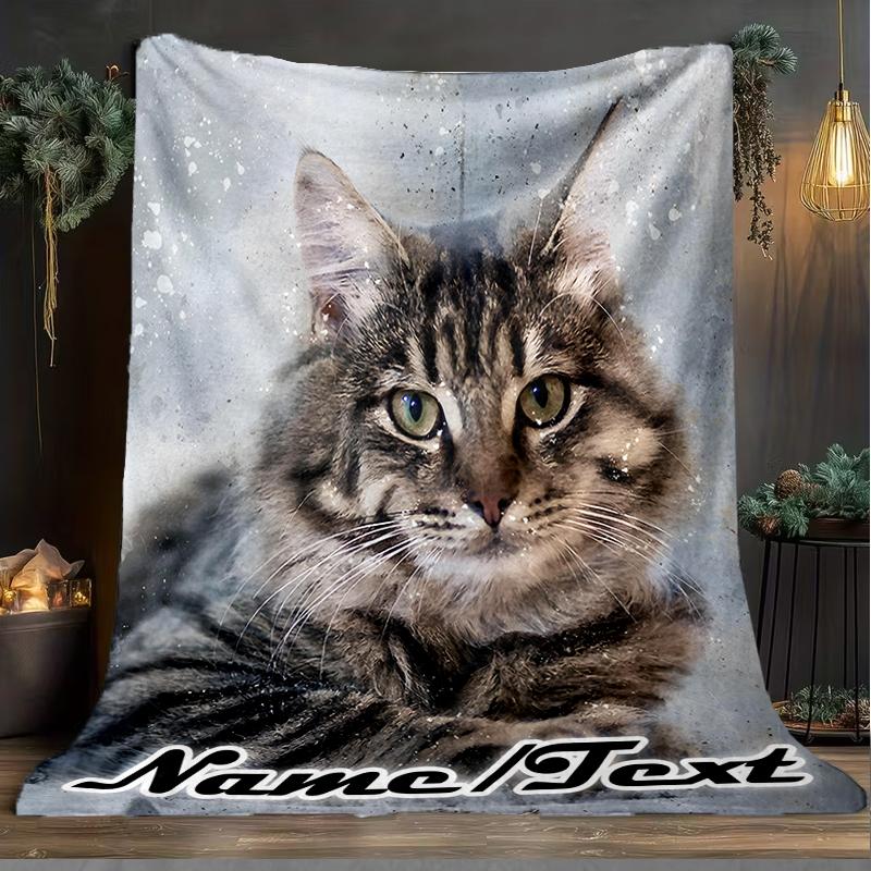 1PC Custom Name tabby cat portrait outdooor Flannel blankets Throw Blanket All-Season Throw Gift Bedspread for Couch, Bed, Camping Holiday Birthda