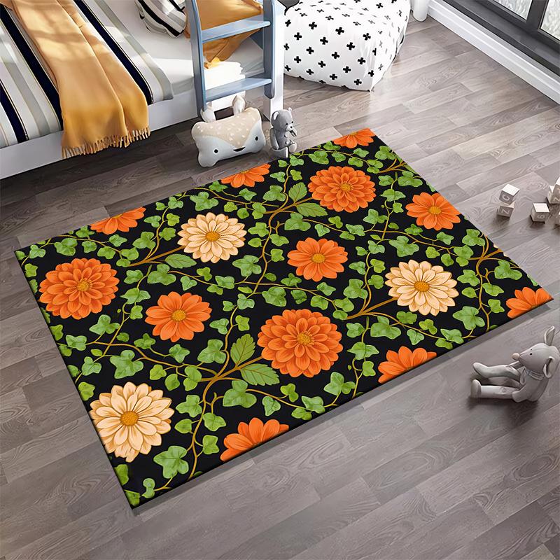 Floral Carpet with Orange and White Flowers On Black Background Suitable for Use As an Anti-slip for Living Room Bedroom Sofas