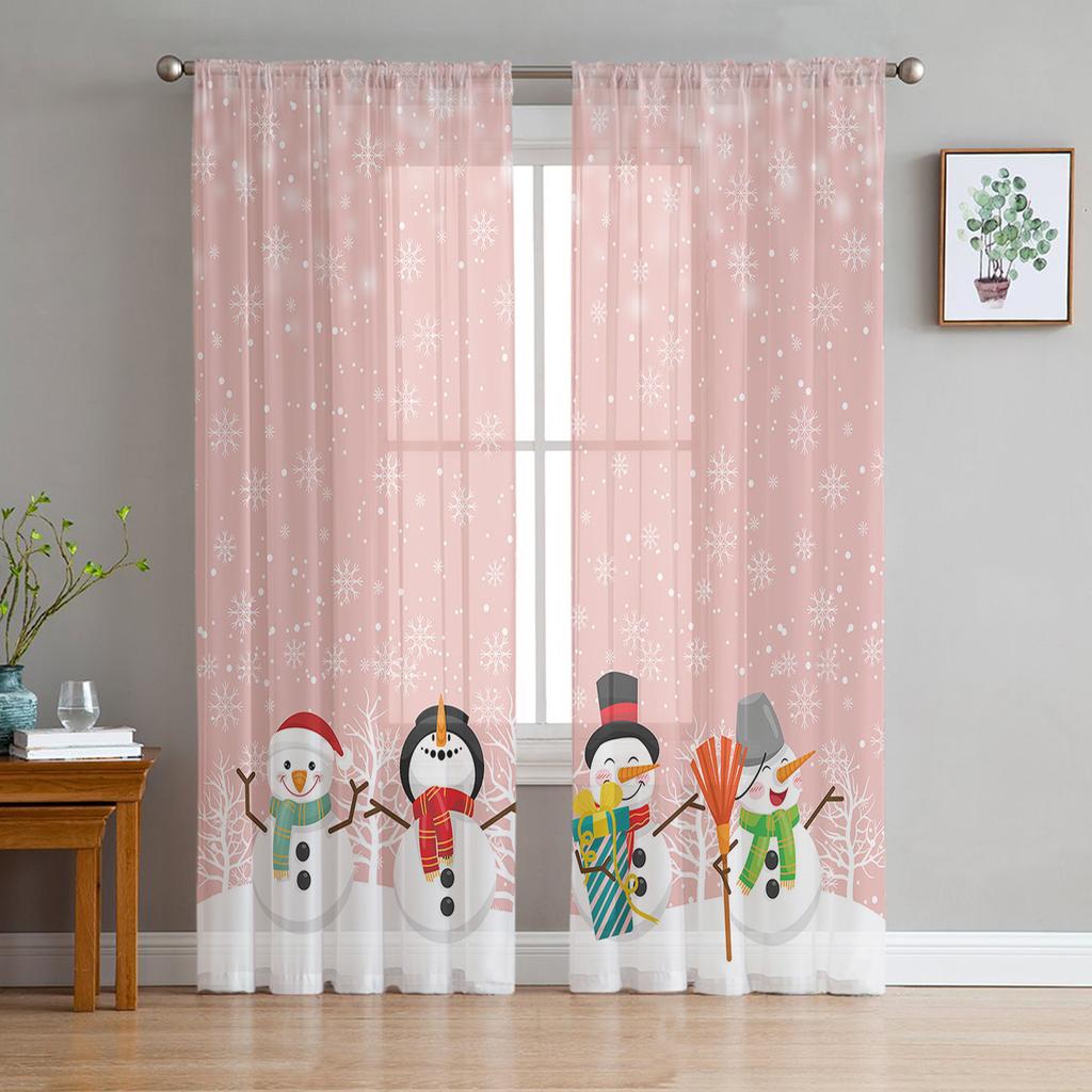 Rosa Weihnachtsbaum Schneeflocke Weihnachtsmann Tüllvorhänge für Wohnzimmer Schlafzimmer Dekor Chiffon Transparent Voile Küchenfenstervorhänge