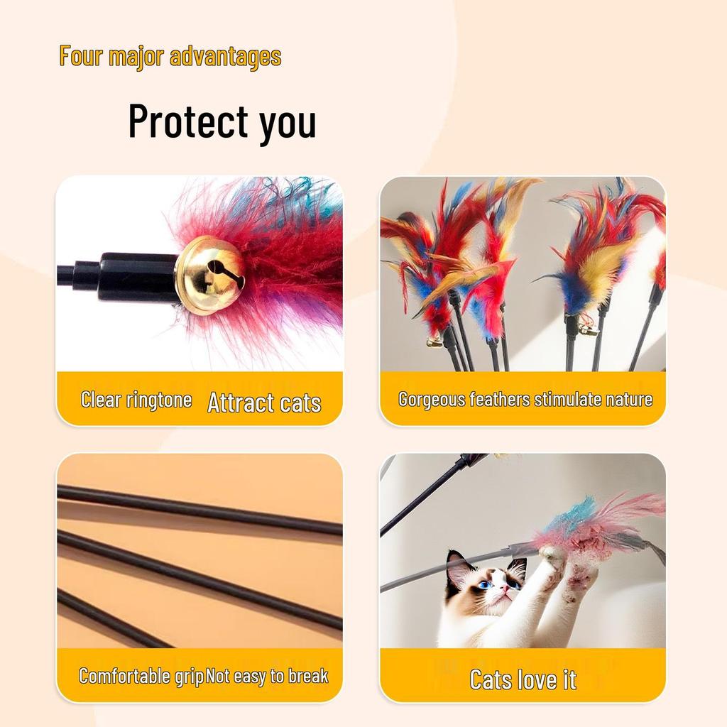 Colorful Feather Cat Teaser Wand with Bell - Interactive Toy for Boredom Relief