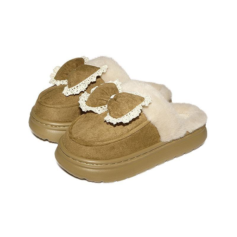 New Bow-tie Fluffy Slippers Autumn and Winter Indoor Thick-soled Heightening Cotton Slippers Home Thermal Cotton Shoes