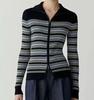 Silk Cotton Women's 2025 Spring Stripe Zipper Slim Fit Long Sleeve Knit Cardigan Top