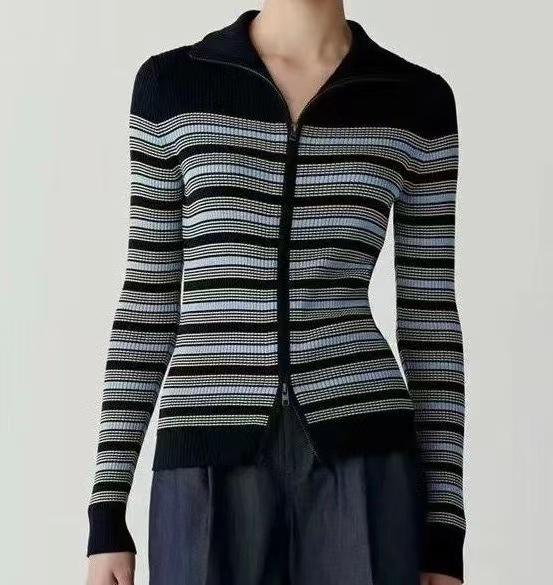 Silk Cotton Women's 2025 Spring Stripe Zipper Slim Fit Long Sleeve Knit Cardigan Top