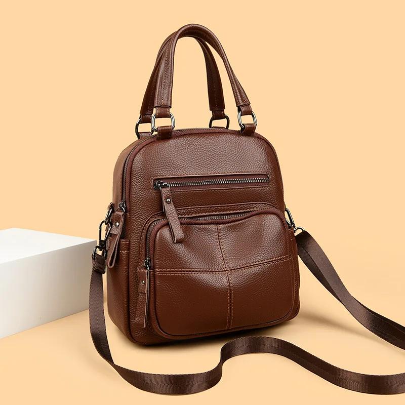 Multifunctional Genuine Leather Fashion Women's Large Capacity School Travel Shoulder Bag