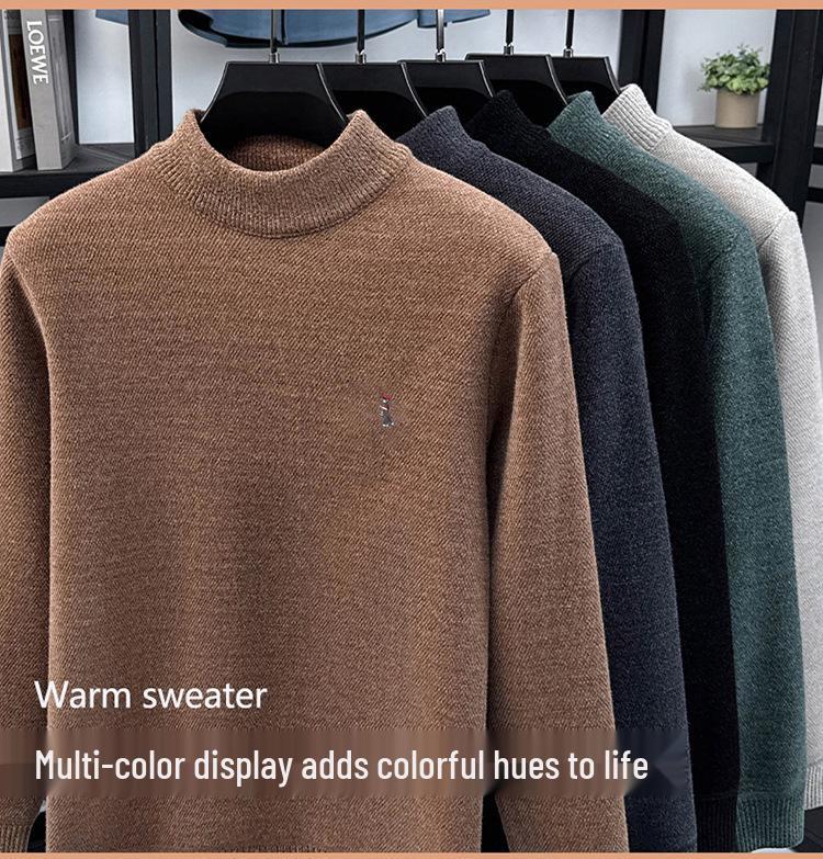 Men's Fleece-Lined Half-High Neck Knitted Sweater - Warm Embroidered Autumn/Winter Base Layer