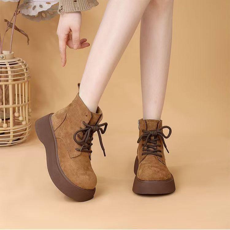 Autumn and winter new velvet thickened warm cold showing feet small cotton shoes retro round head heightening short boots women