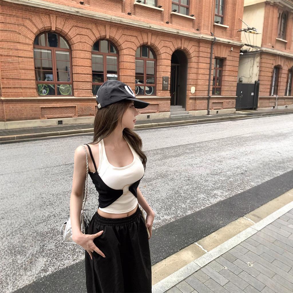 Black and White Contrasting Colors Fake Two-piece Neck Sling Vest Women's Summer Sleeveless Chest Pad Inner and Outer Top