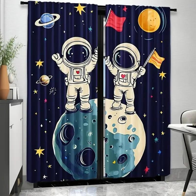 2pcs Spaceman Print Curtain   Blackout Drapes   Polyester   Living Room Decor   Holiday Window Dressing   Rod Pocket Curtains