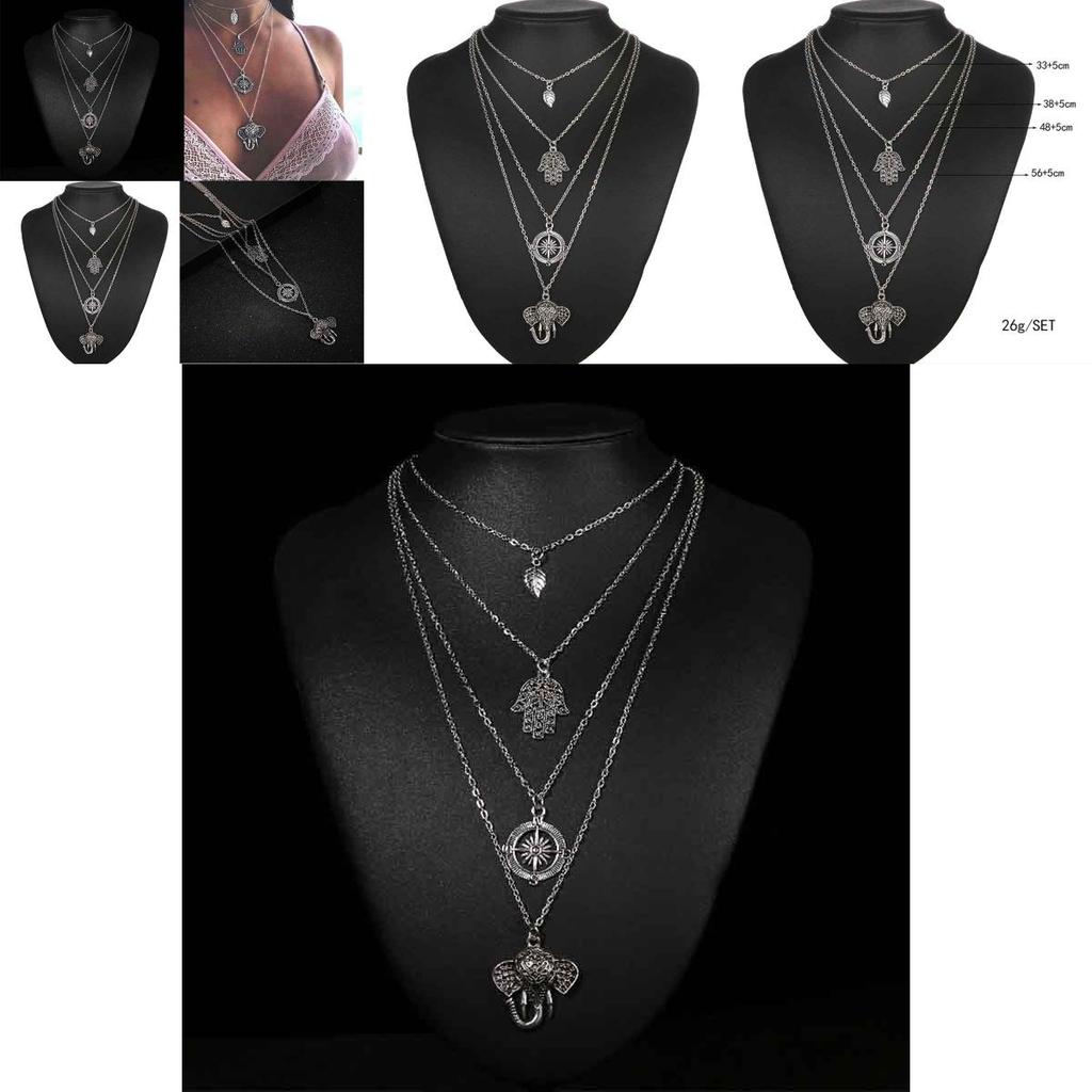 Fashion Punk Boho Retro Alloy Palm Sun Multilayer Necklace With Leaf And Elephant Pendant