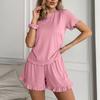 Solid Color Crew Neck T-Shirt Elastic Waistband Shorts Set with Ruffled Edges Soft Lightweight Lounge Wear for Women