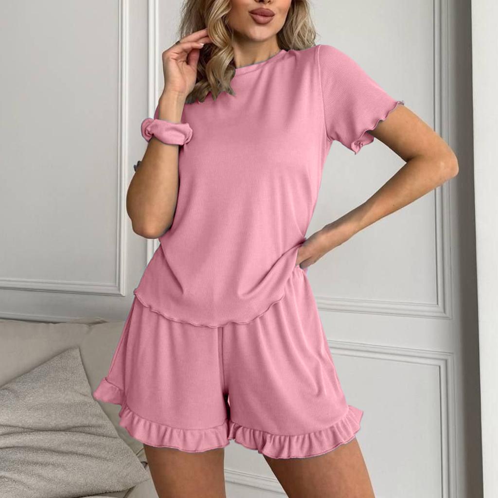 Solid Color Crew Neck T-Shirt Elastic Waistband Shorts Set with Ruffled Edges Soft Lightweight Lounge Wear for Women