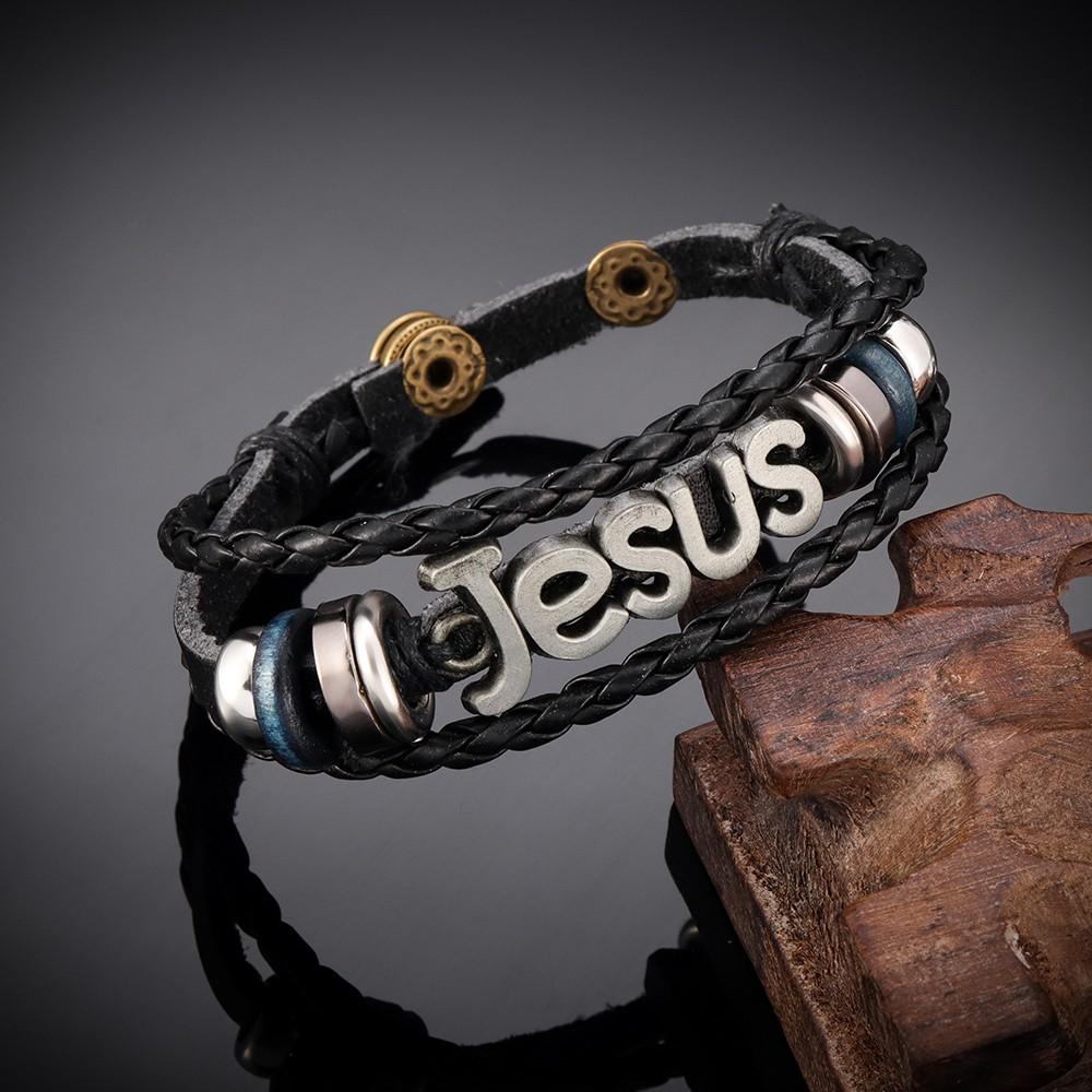 New Multi-Layer Leather Woven Beads Jesus Bracelet Charm Men's Bracelet Fashion Religious Christian Accessories Talisman Jewelry