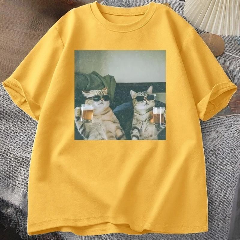 2026 Hot Sale Funny Cool Cat Drinking Beer T-shirt Casual Cotton Short Sleeve T Shirt Men Women Clothes Harajuku Round Neck Men's Designer Tops Tee