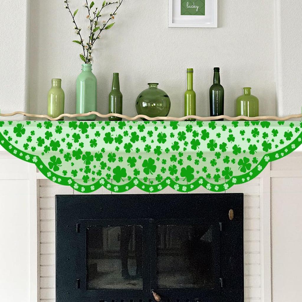 Green Shamrock Mantle Scarf for Fireplace - St Patricks Day Fireplace Cover Decorations Indoor - Lace Irish Mantel Scarves Garland Runner - Saint