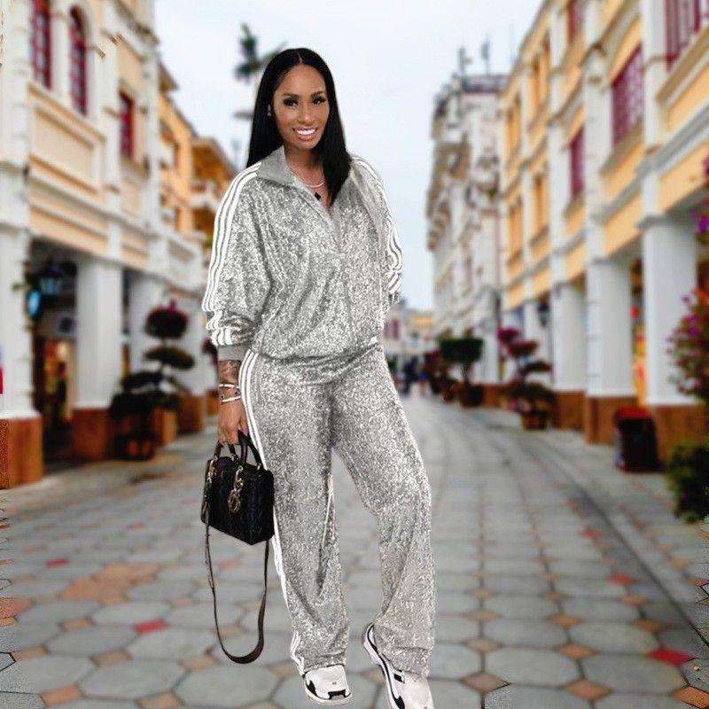 

Весна и осень 2024 Блестящий облегающий топ с пайетками и брюки Женская одежда Повседневный спортивный костюм-двойка на молнии Gray XL
