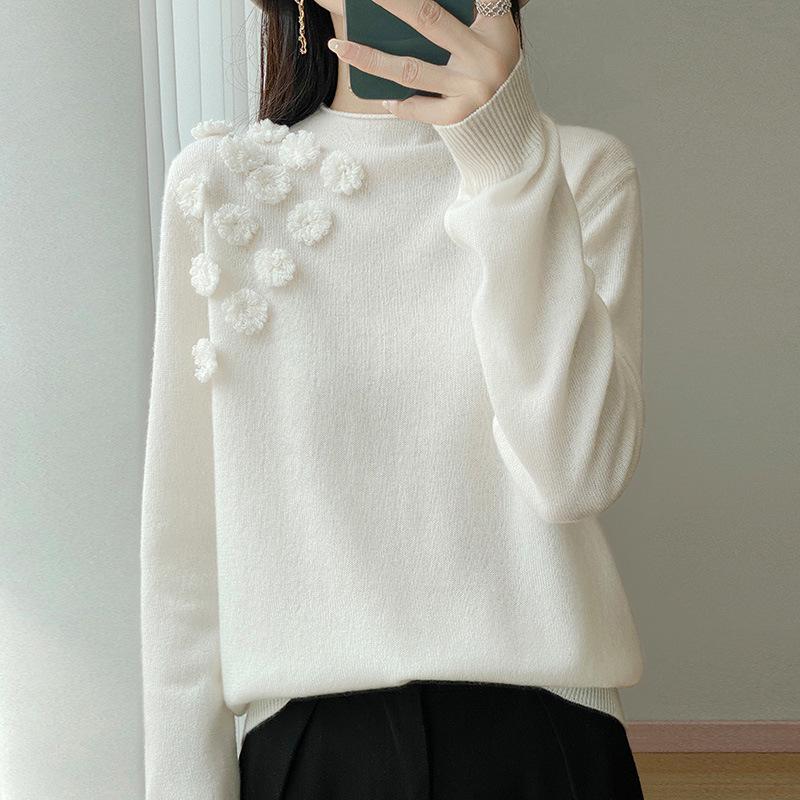 Women's Handmade Pure Wool Sweater - Soft, Fluffy, Versatile with Half-High Collar for Autumn and Winter