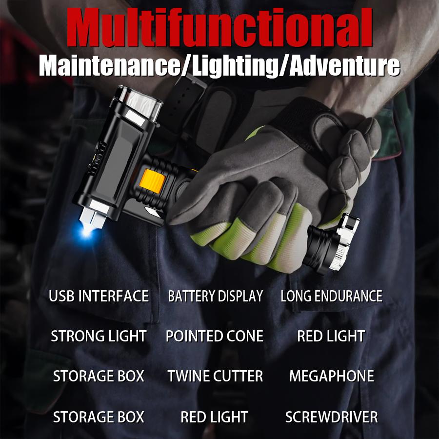 16-in-1 Broken Window LED Flashlight USB Rechargeable Zoom Flashlight Emergency COB Distress Signal Beeping Sound Security Torch