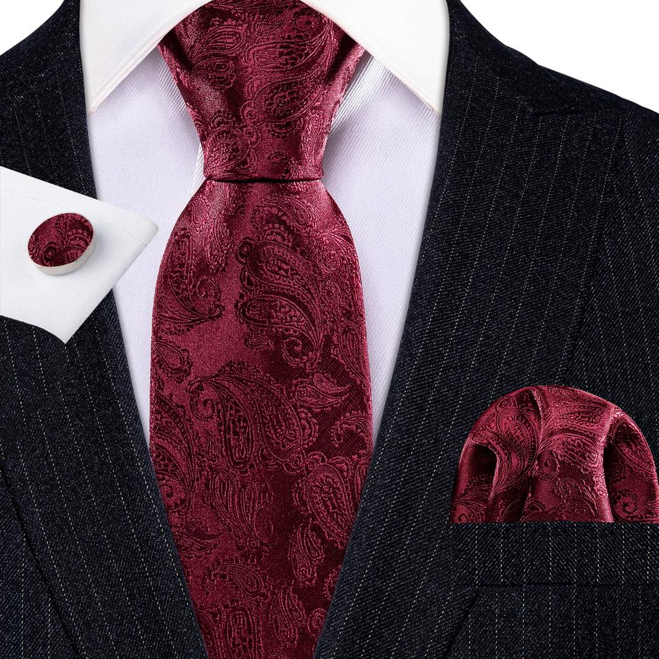 Barry.Wang Herren Paisley Seidenkrawatte Einstecktuch Manschettenknöpfe Luxus Set
