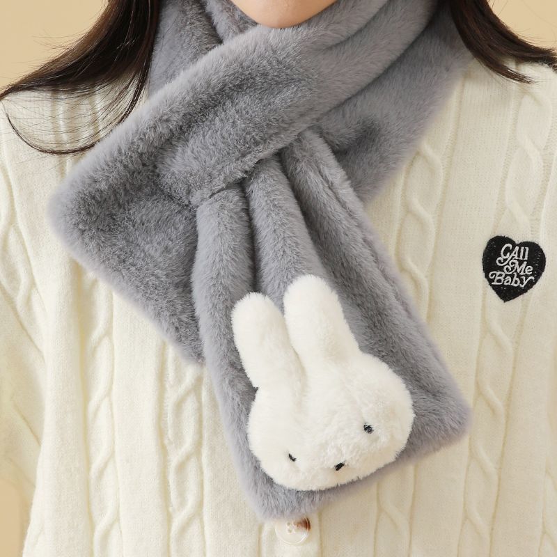 Miffy Cartoon Rabbit Plush Scarf Soft Warm Winter Cross-Over Neck Warmer Cute Short Style for Women Teens Versatile Cozy