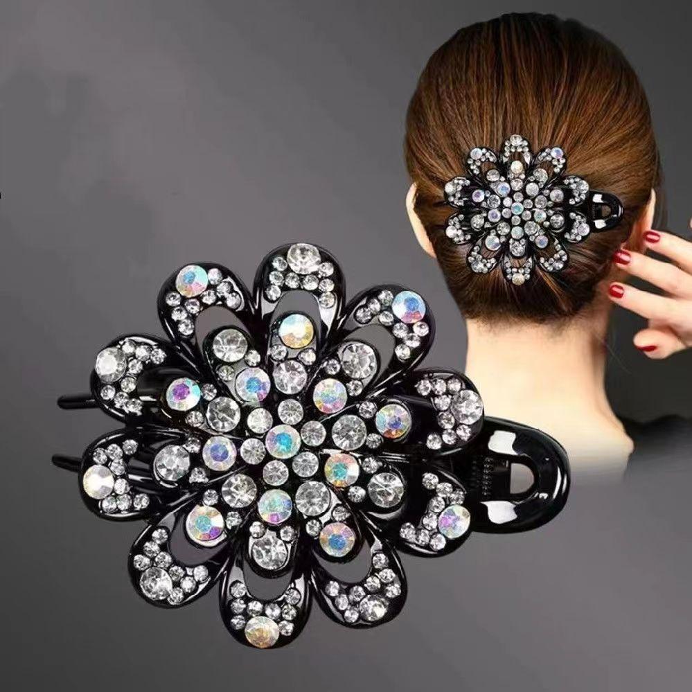 Flower Hair Clip Crystal Rhinestone Fancy Ponytail Barrette Elegant Hair Clip for Women