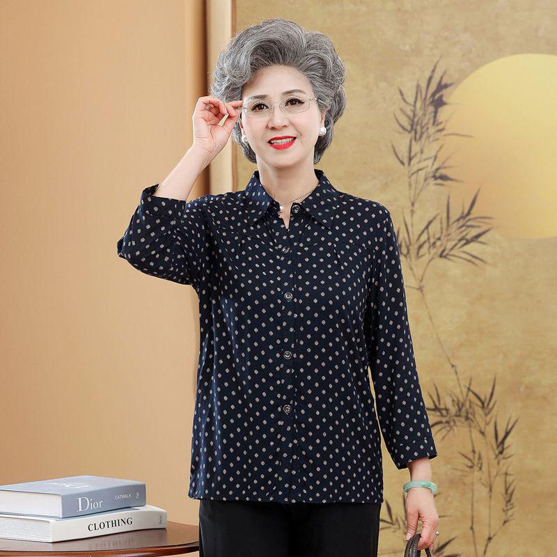 Summer Cotton Silk Cardigan for Elderly Women, 70s Grandma Seven-Sleeve Top Shirt