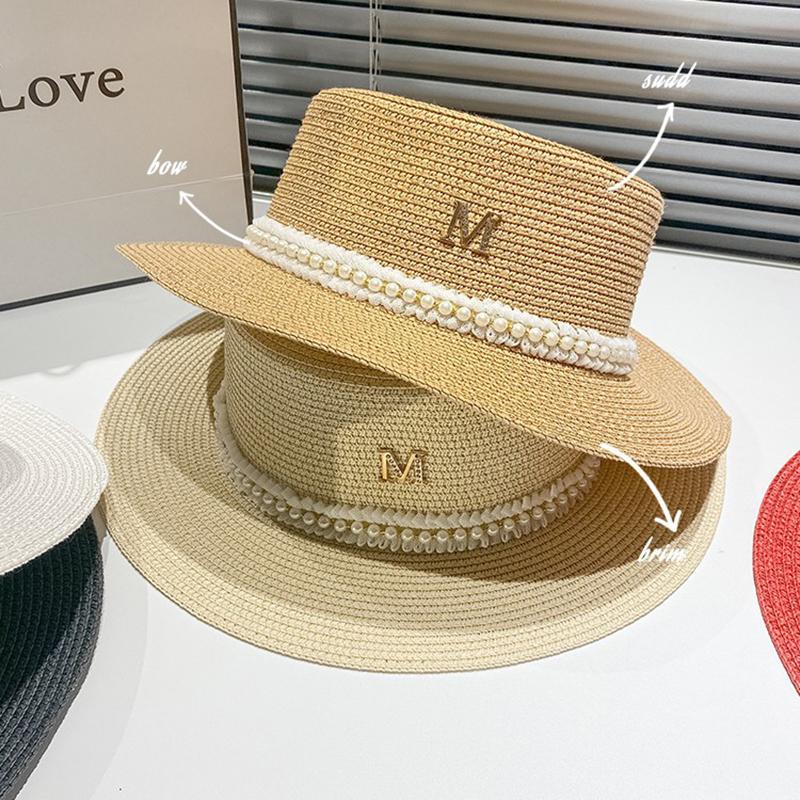 Freedom Outdoors Women's Black Sun Hat Straw Woven Flat Top Pearl Lace French Hepburn Style Sun Protection For Spring Summer Beach Trip Outdoor Outings 56-58Cm