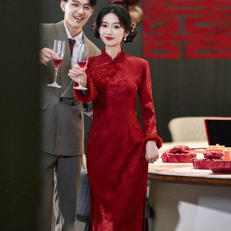Elegant Red Modern Cheongsam Dress Wedding Reception Young Women Long Sleeve High Neck Side Slit