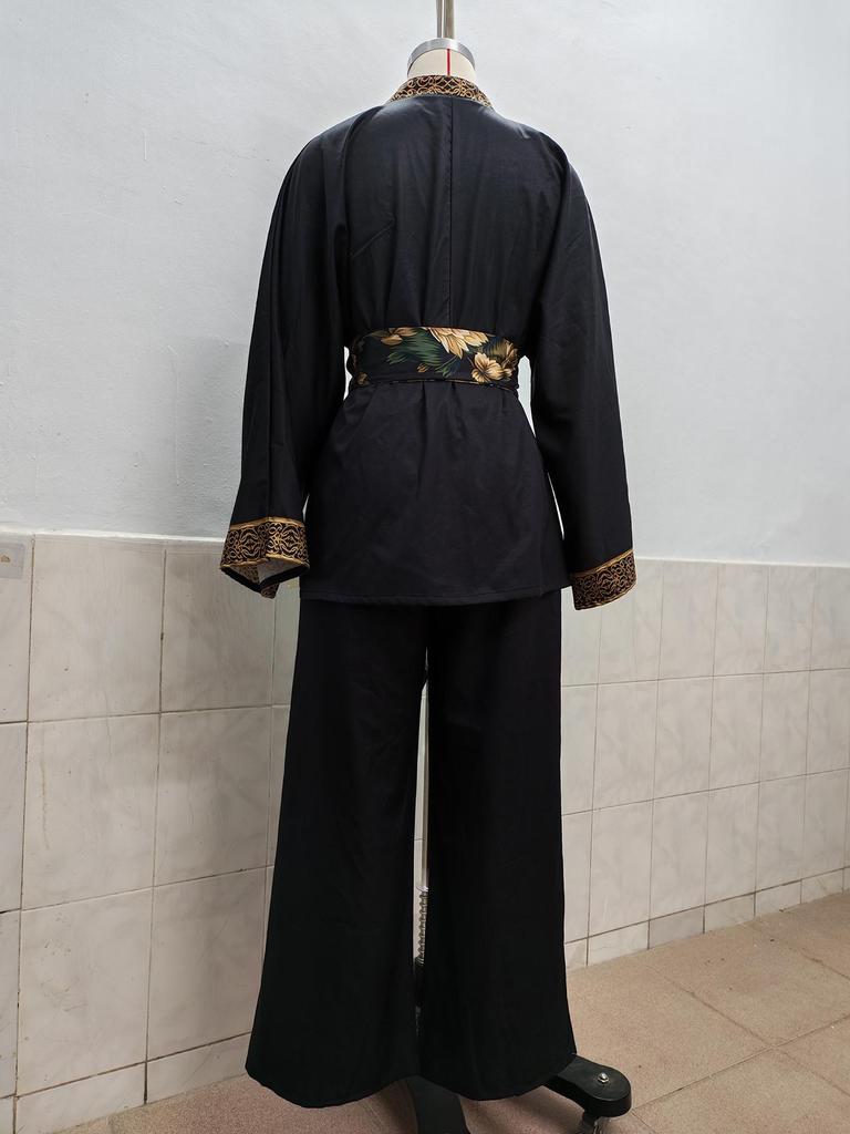 Spring/Summer 2026 Retro Print Deep V Tie-up Top & Wide-leg Pants Two-piece Set for Women