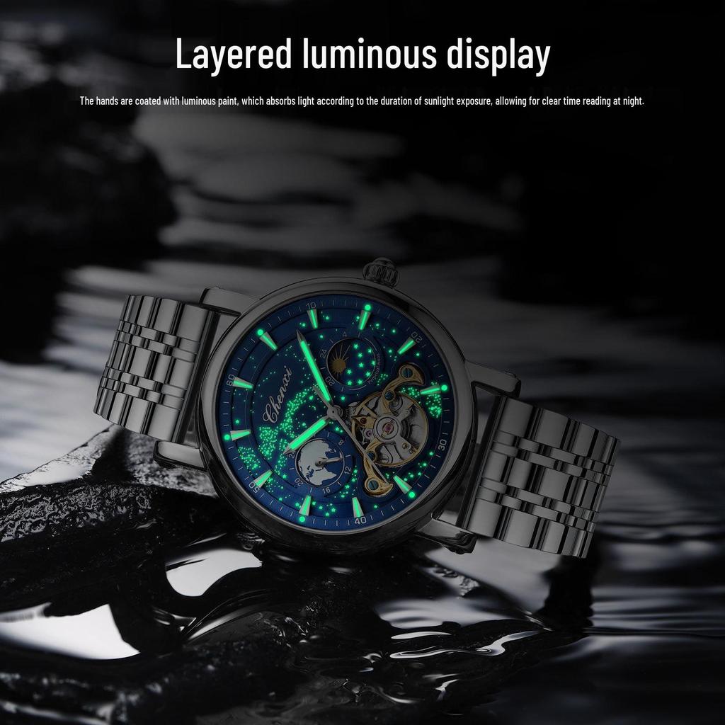 Dawn Star River Moon Phase Skeleton Tourbillon Men's Automatic Luminous Leather Strap Watch