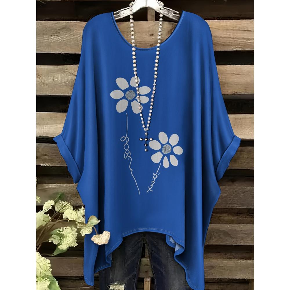 Bohemian Top for Women Elegant Colour Floral Graphics Design Round Neck Irregular Hem Women Casual Fashion Women Vacation Tops