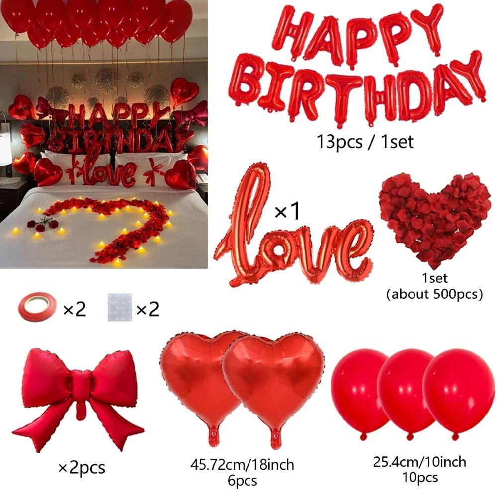 Red Birthday Balloon Set with Bow, Love Heart, Aluminum Foil Balloon, Simulated Petals for Birthdays and Valentine's Day