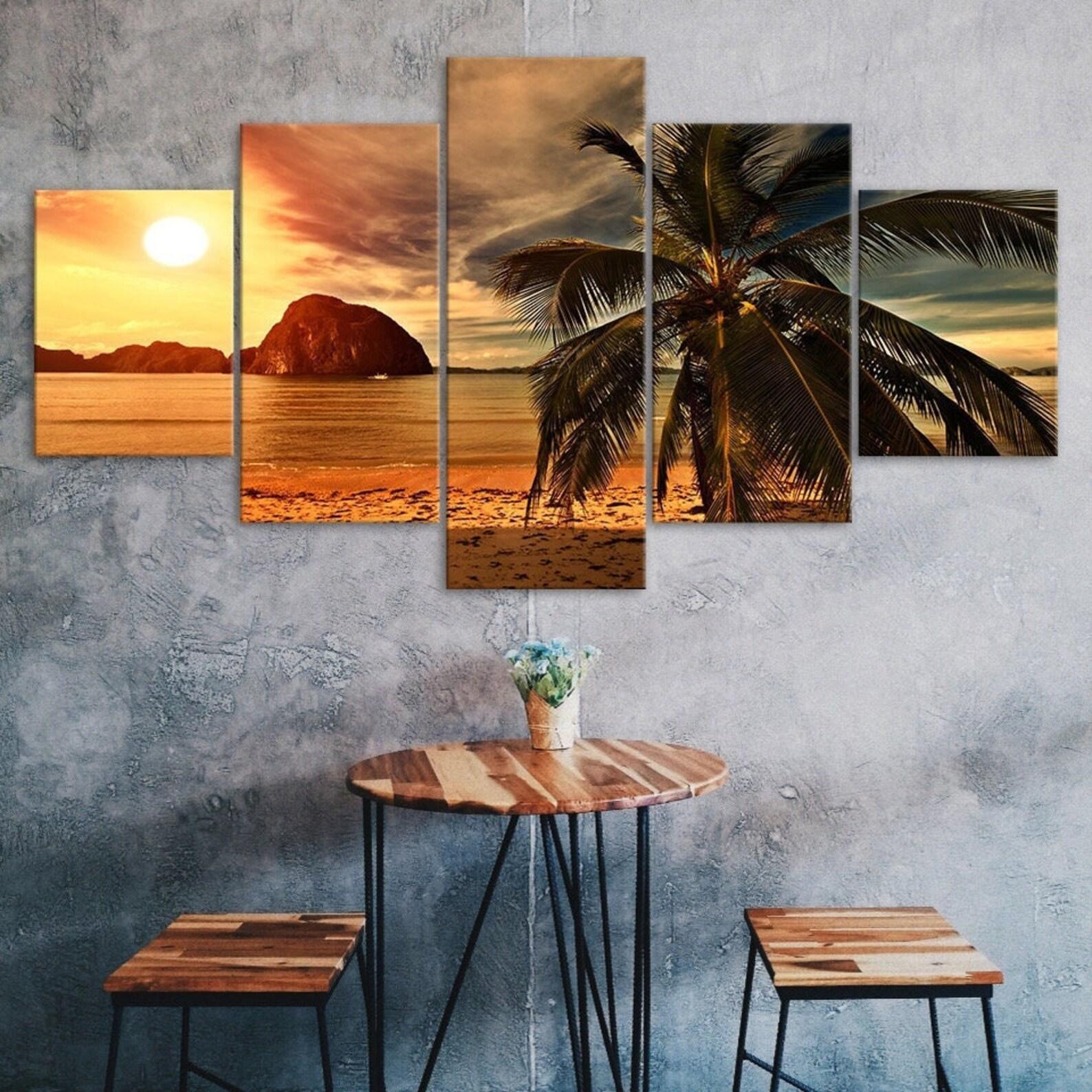 

Tropical Beach Island Sunset Canvas 5 Piece Five Panel Print Modern Wall Art Poster Picture Home Decor Gift For Him For Her 20X35 20X45 20X55CM