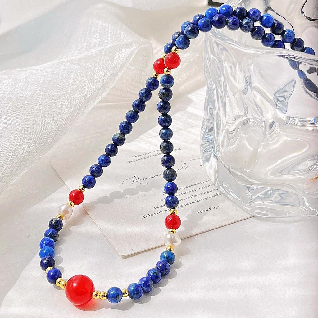 High Quality Natural Lapis Lazuli Freshwater Pearl Gypsy Collarbone Chain Necklace Neck Chain Female