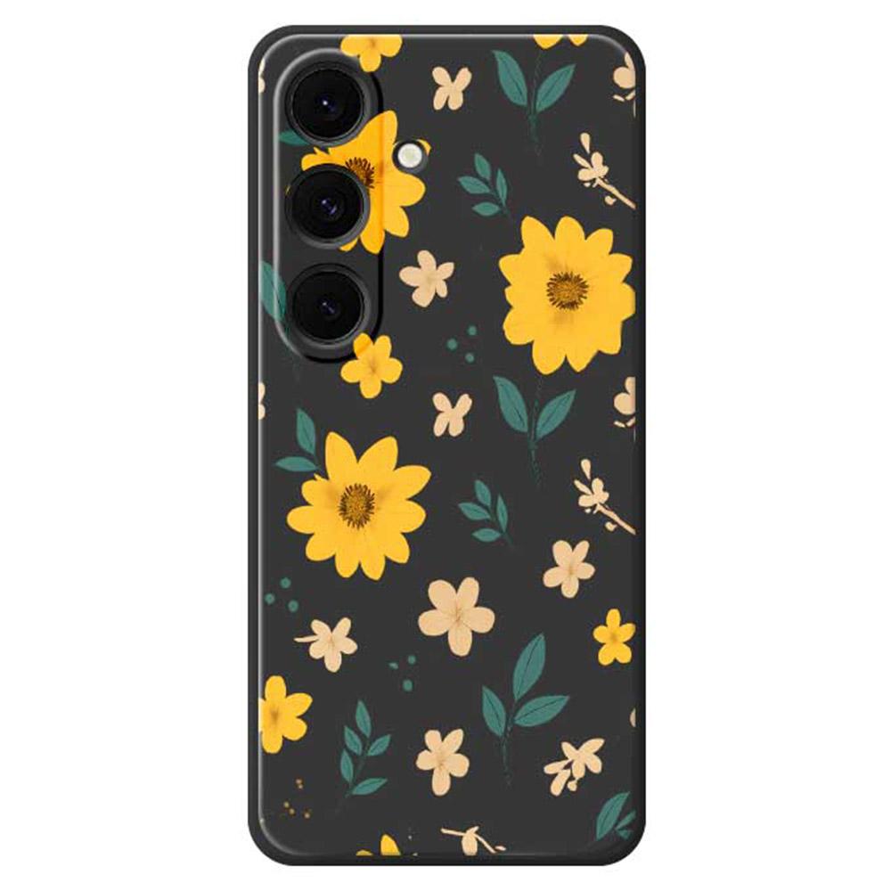 

For Samsung Galaxy S25+ Case Yellow Floral and Leaves Pattern Printing Straight Edge TPU Phone Back Cover Black