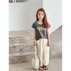 2026 Summer New Children's Letter Print Pure Cotton Short-Sleeve T-Shirt, Girls' Korean Style Cartoon Patchwork Sleeve Top Trendy