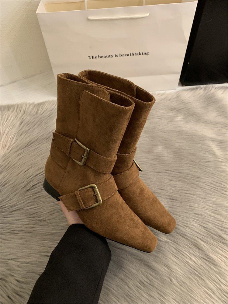 2025 Korean Version of the New Niche Design Retro French Short Boots Small Square Head Western Boots Suede Medium Boots Women's Boots