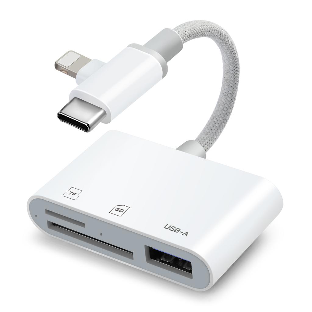 SD Card Reader for iPhone/iPad, Braided Nylon Cable with Dual Lightning and USB-C Connectors, SD/TF USB 3.0