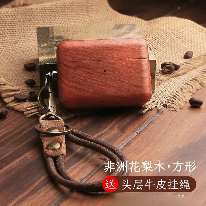 Luxury Solid Wood Earphone Case For AirPods Pro 3 Pro2 Protective Cover For AirPods 1/2/3/4 Shell+Wrist Strap Cowhide Lanyard
