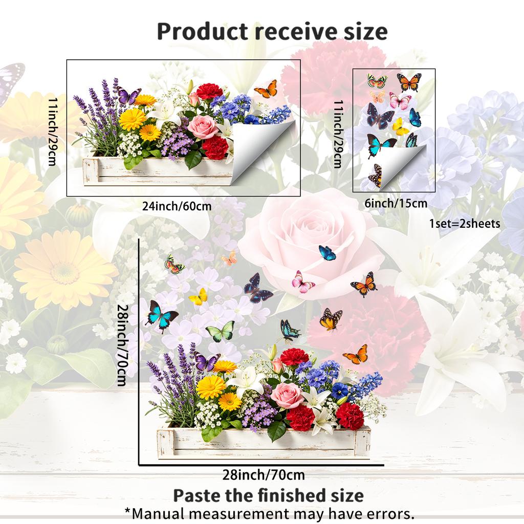 Spring Garden Flower and Butterfly Combination Window Decal No Adhesive, Removable for Bedroom Decorating Stickers