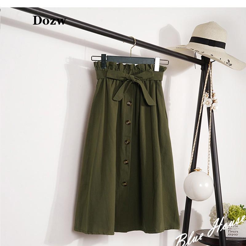 Literary High-Waist Buttoned A-Line Midi Skirt