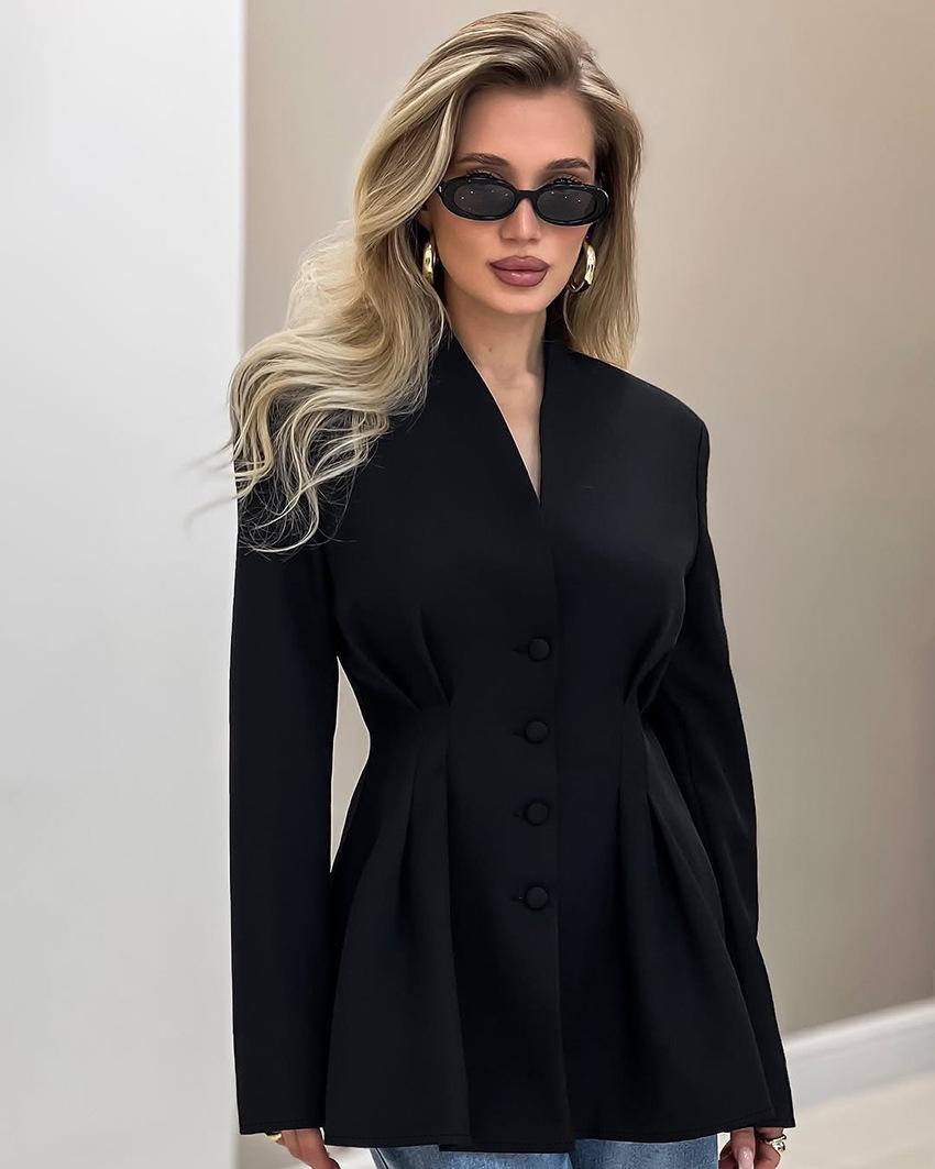 2026 Autumn/Winter V-neck Long-sleeved Buttoned Waist-Cinching Suit Jacket Large чёрный
