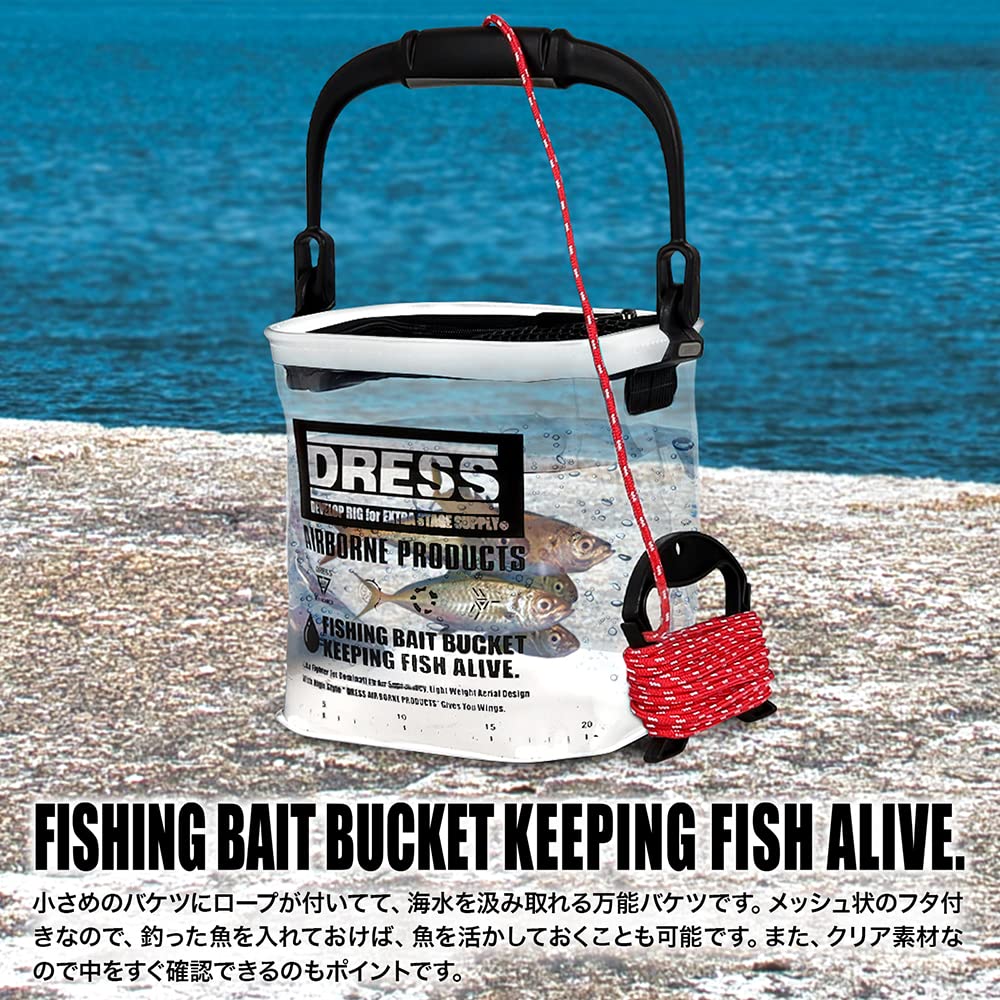 Wiadro na ryby, Przezroczyste białe, W zestawie lina 7m i uchwyt, Siatkowa pokrywa z zamknięciem na zamek błyskawiczny, Uniwersalne wiadro EVA do lekkiego wędkowania, Run-and-gun