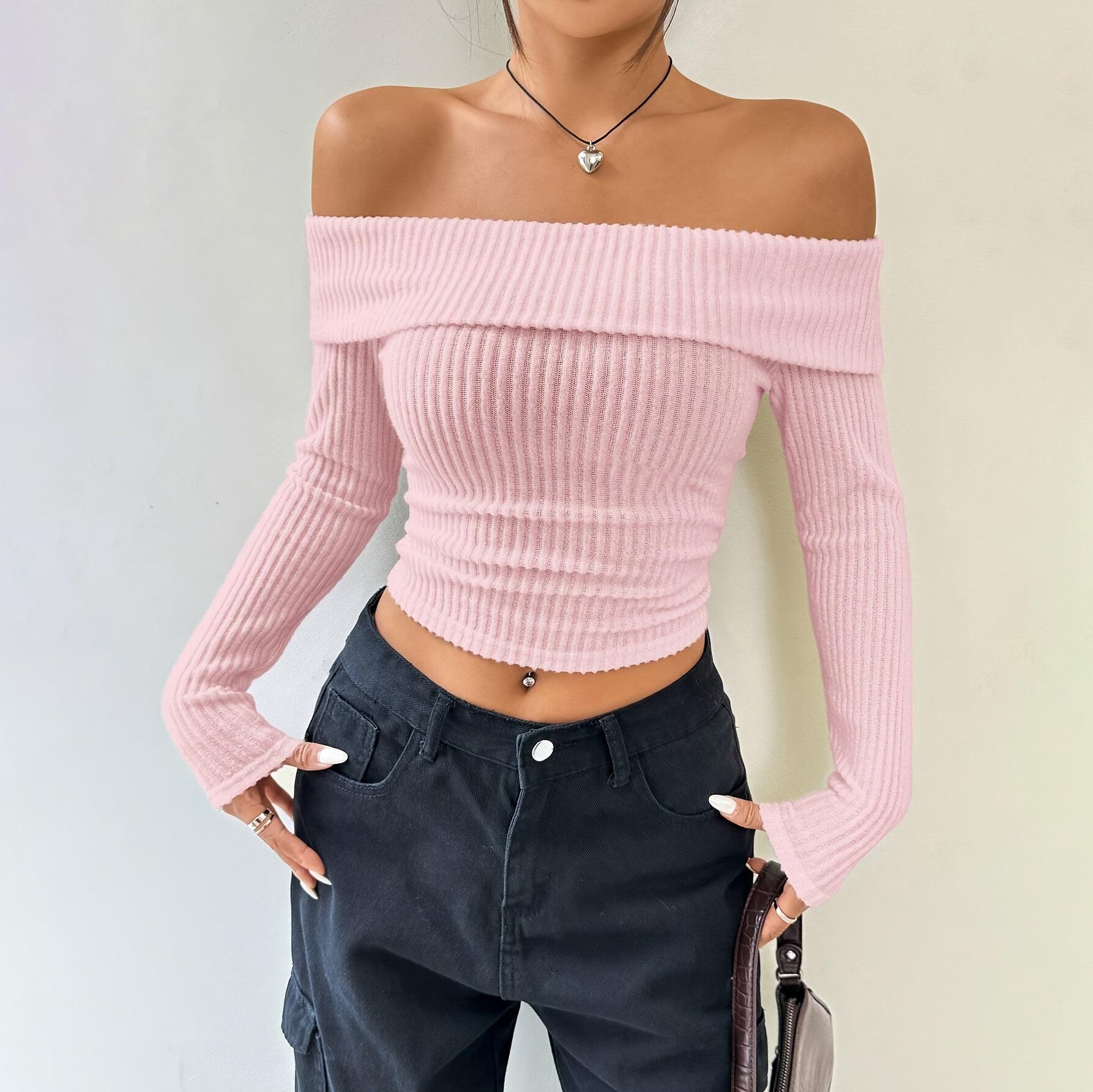 

Трикотажная женская укороченная футболка с открытыми плечами и длинным рукавом, повседневный свитер в рубчик L